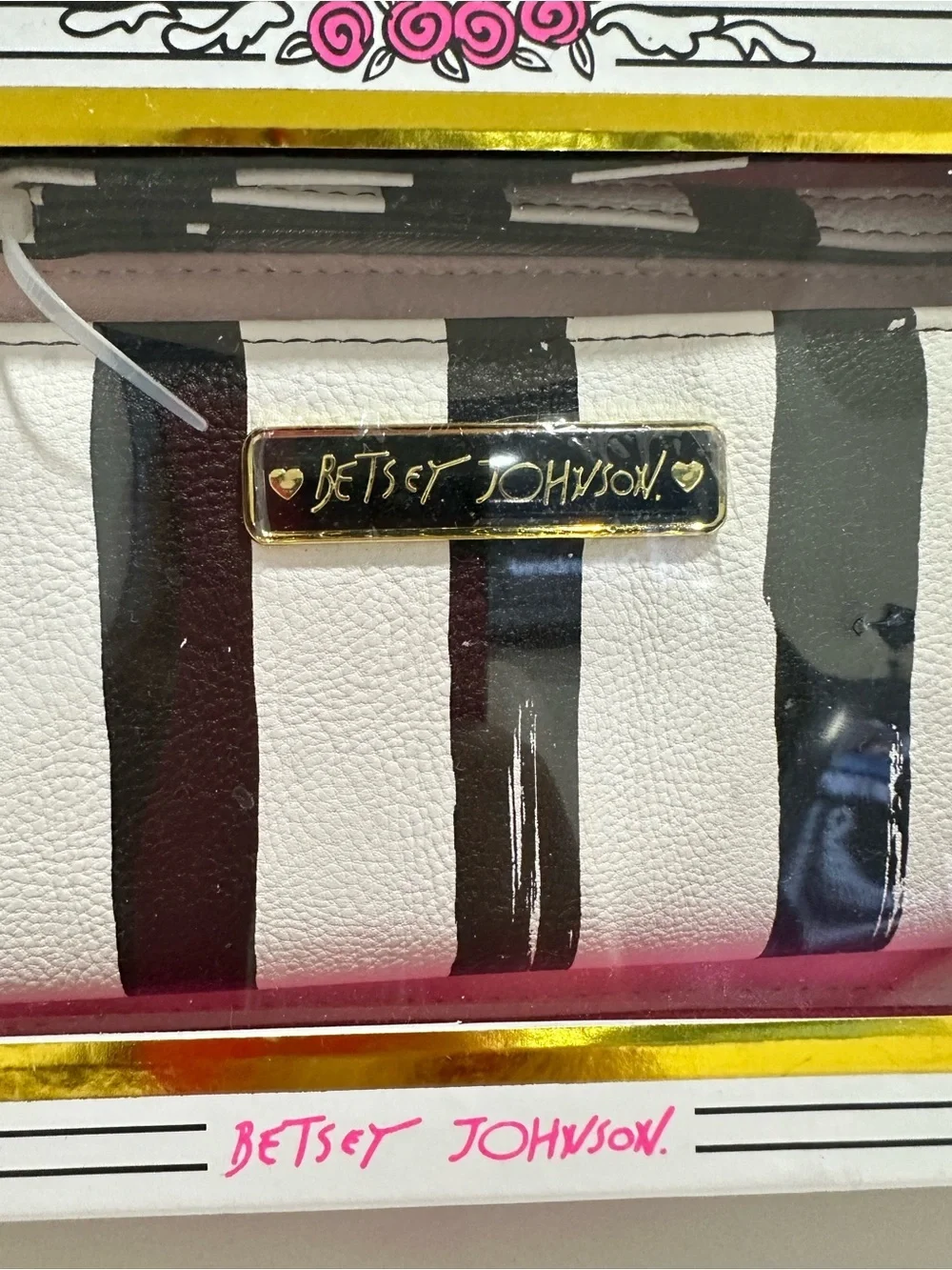 Betsey Johnson Black & White Striped Zip-Around Wallet with Gold Plaque NWT